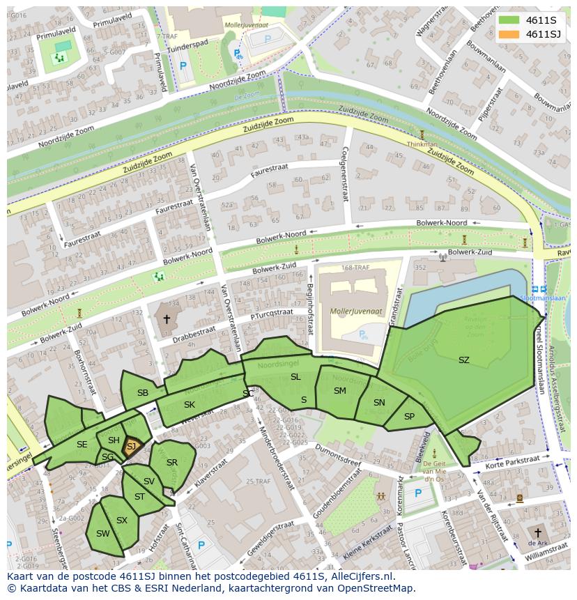 Afbeelding van het postcodegebied 4611 SJ op de kaart.