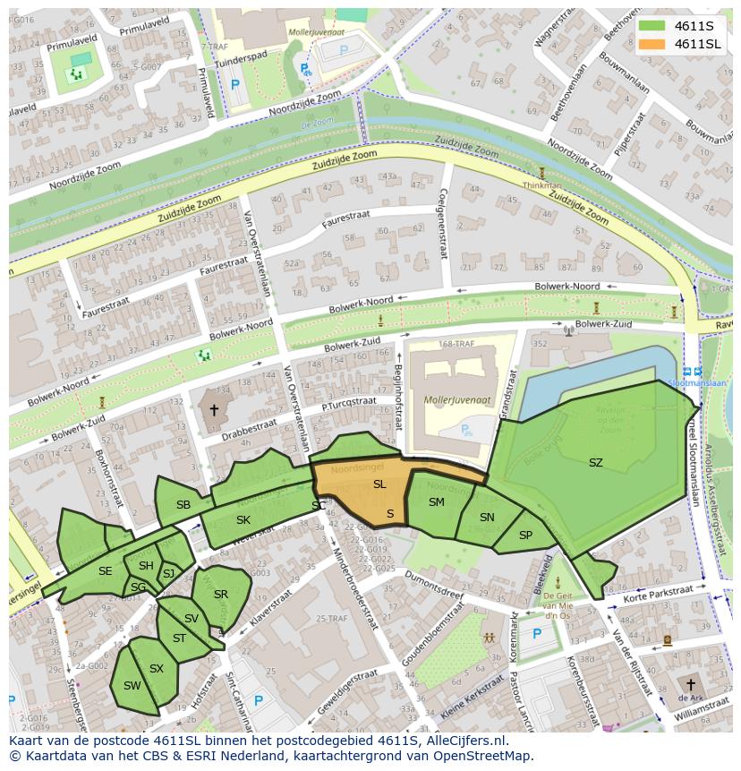 Afbeelding van het postcodegebied 4611 SL op de kaart.
