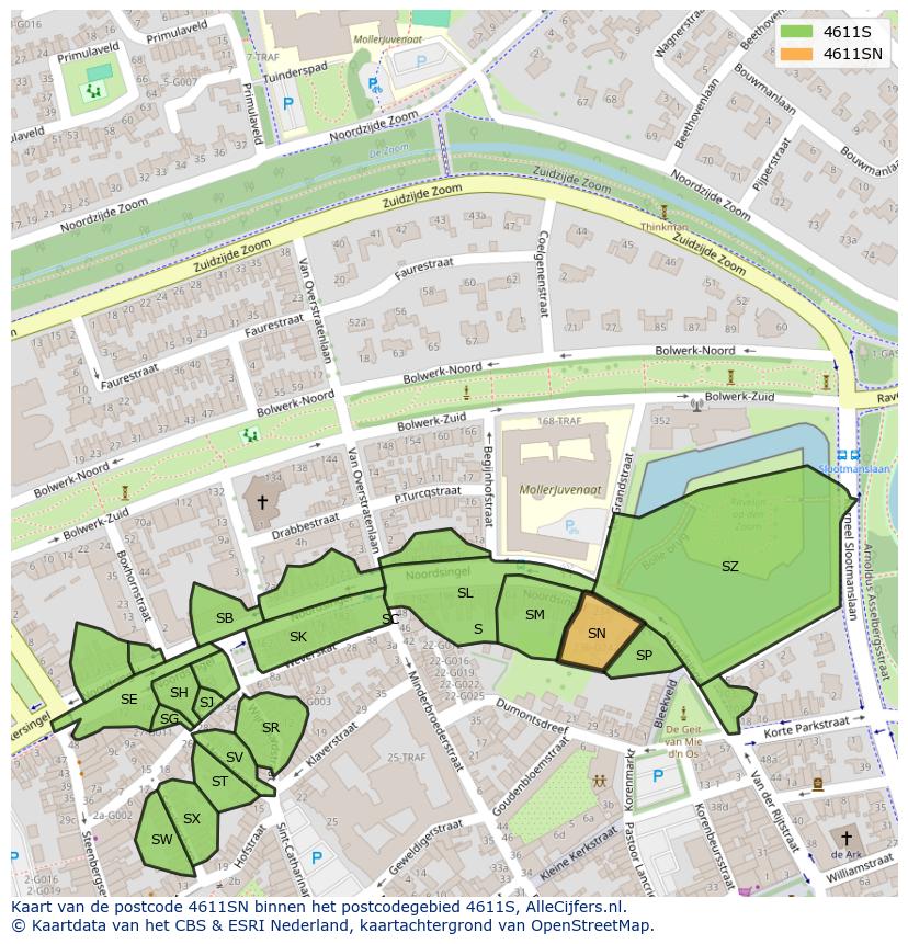 Afbeelding van het postcodegebied 4611 SN op de kaart.