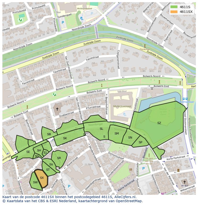 Afbeelding van het postcodegebied 4611 SX op de kaart.