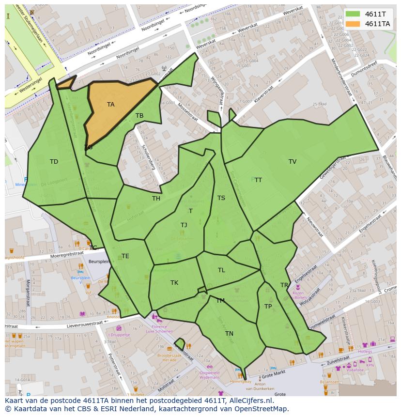 Afbeelding van het postcodegebied 4611 TA op de kaart.