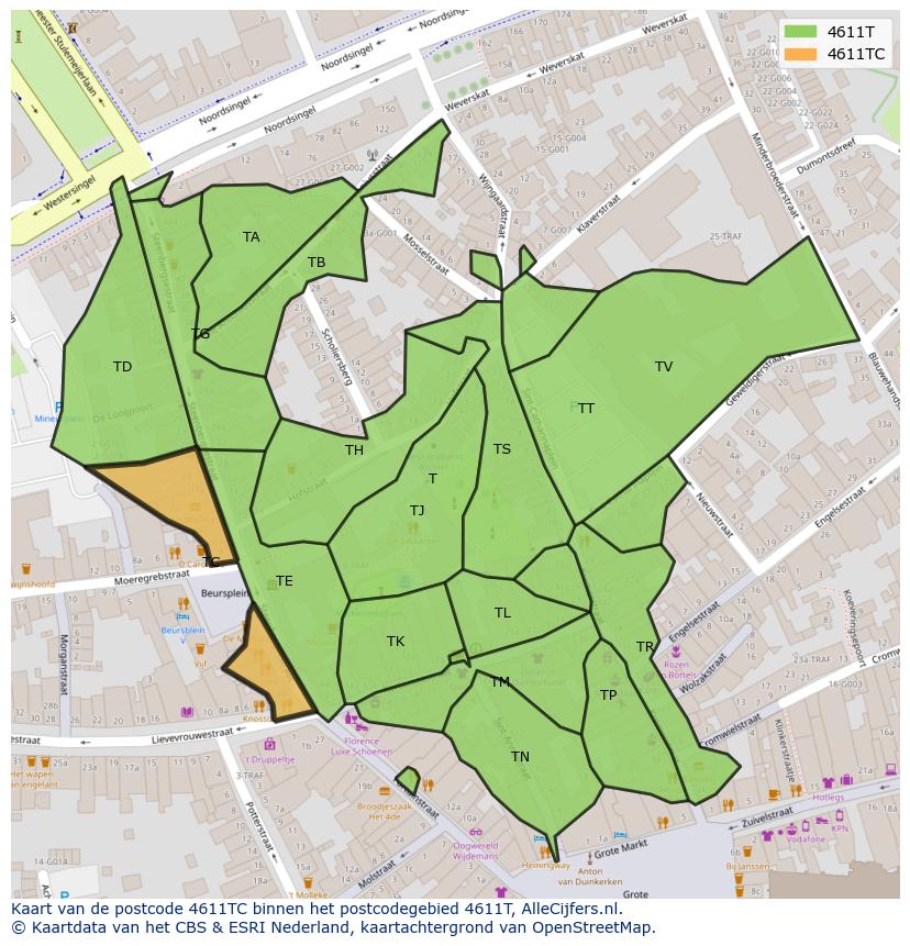 Afbeelding van het postcodegebied 4611 TC op de kaart.