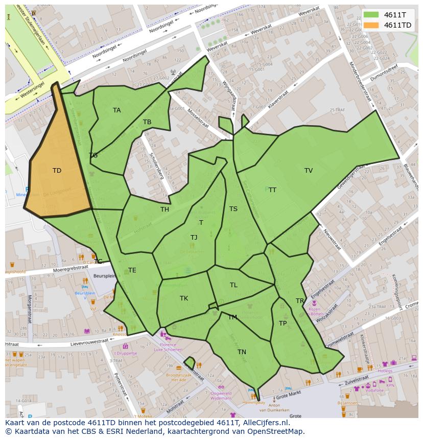 Afbeelding van het postcodegebied 4611 TD op de kaart.