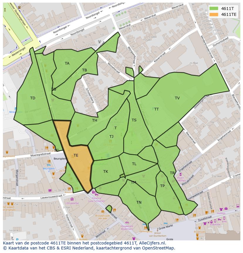 Afbeelding van het postcodegebied 4611 TE op de kaart.