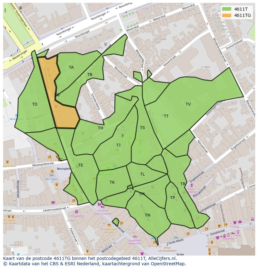 Afbeelding van het postcodegebied 4611 TG op de kaart.