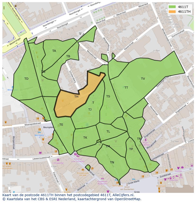 Afbeelding van het postcodegebied 4611 TH op de kaart.