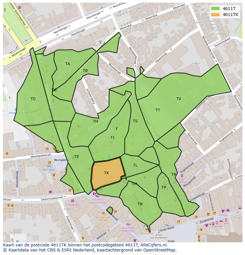 Afbeelding van het postcodegebied 4611 TK op de kaart.