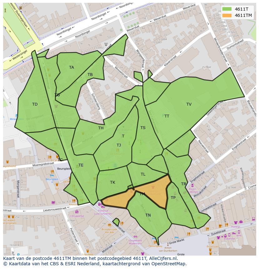 Afbeelding van het postcodegebied 4611 TM op de kaart.