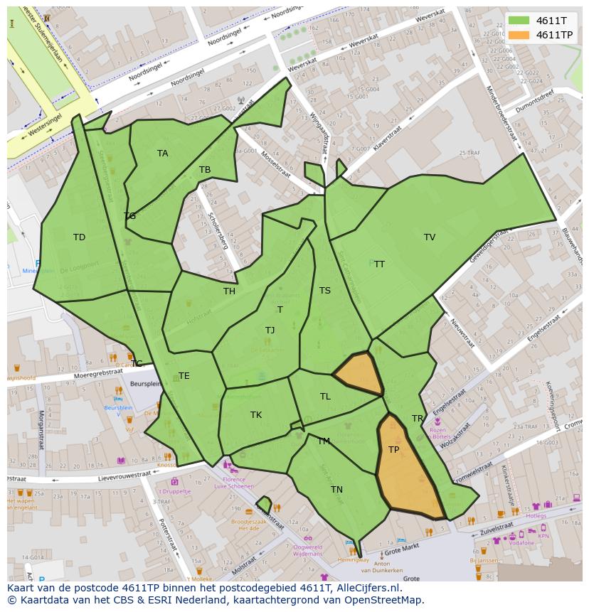 Afbeelding van het postcodegebied 4611 TP op de kaart.