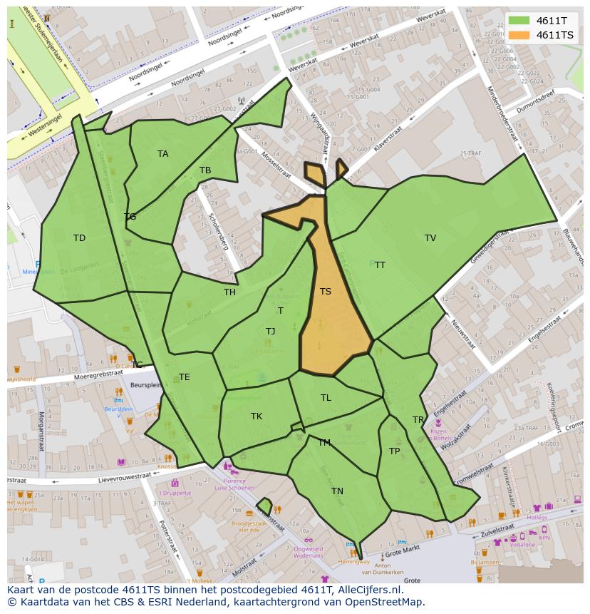 Afbeelding van het postcodegebied 4611 TS op de kaart.