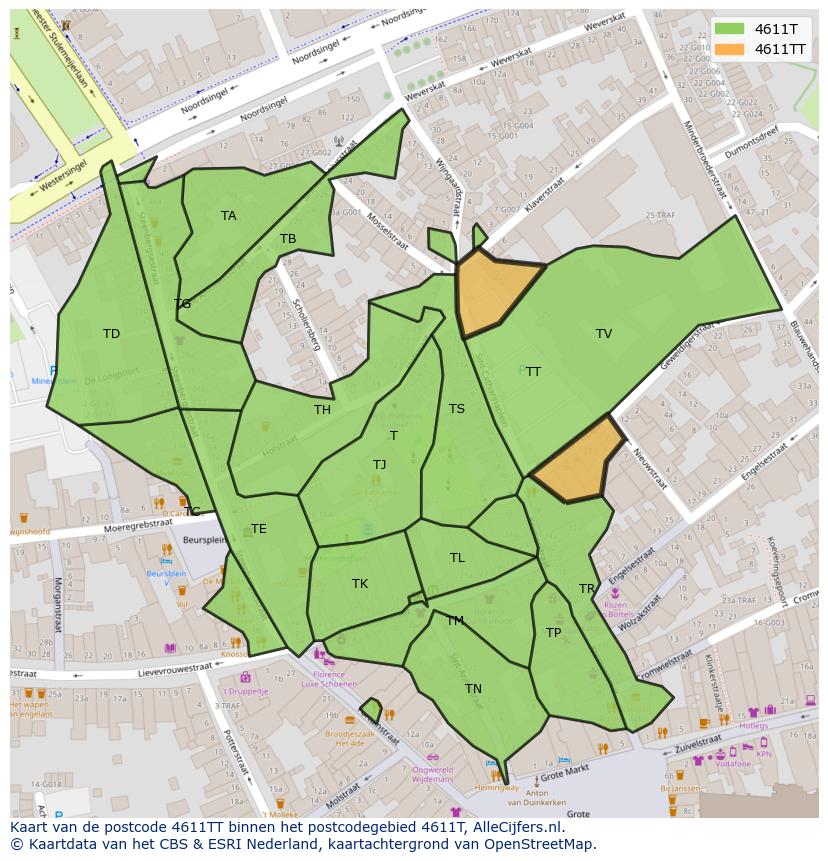 Afbeelding van het postcodegebied 4611 TT op de kaart.