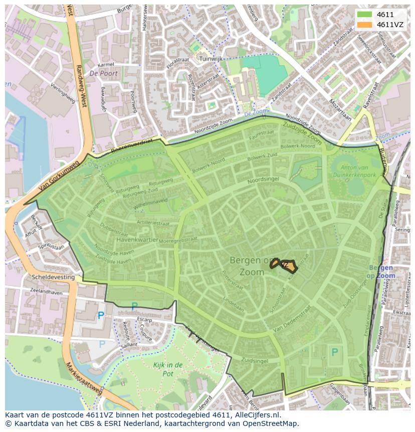 Afbeelding van het postcodegebied 4611 VZ op de kaart.