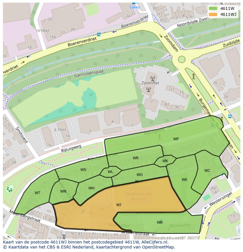 Afbeelding van het postcodegebied 4611 WJ op de kaart.