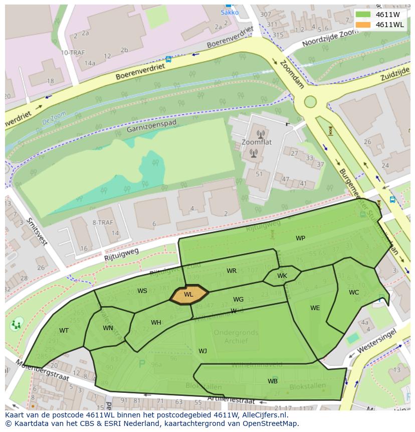 Afbeelding van het postcodegebied 4611 WL op de kaart.