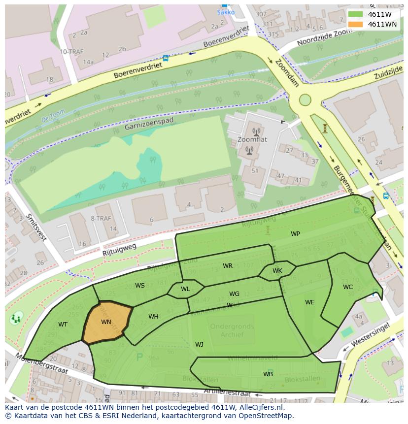Afbeelding van het postcodegebied 4611 WN op de kaart.