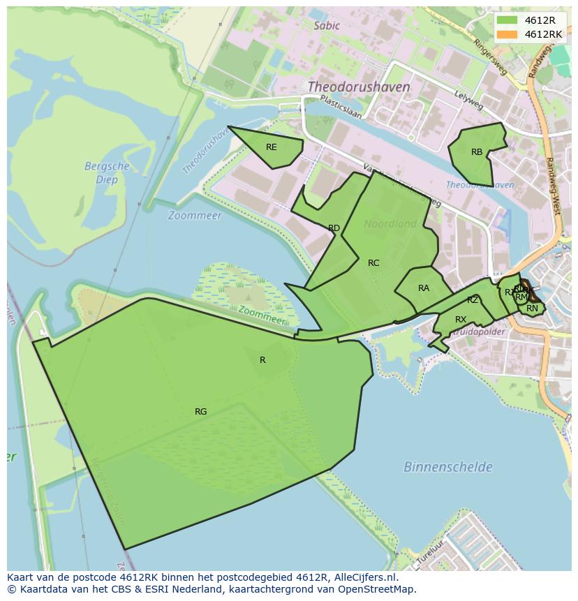 Afbeelding van het postcodegebied 4612 RK op de kaart.