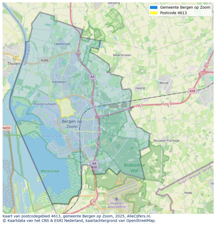 Afbeelding van het postcodegebied 4613 op de kaart.