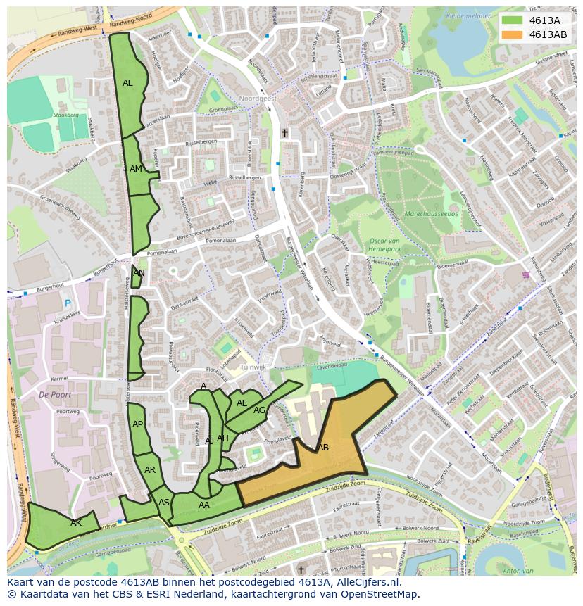Afbeelding van het postcodegebied 4613 AB op de kaart.