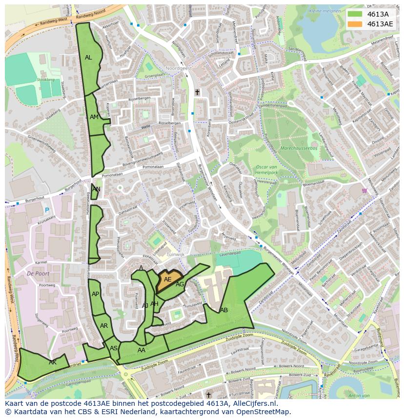 Afbeelding van het postcodegebied 4613 AE op de kaart.