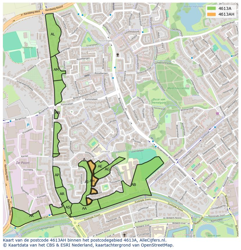 Afbeelding van het postcodegebied 4613 AH op de kaart.