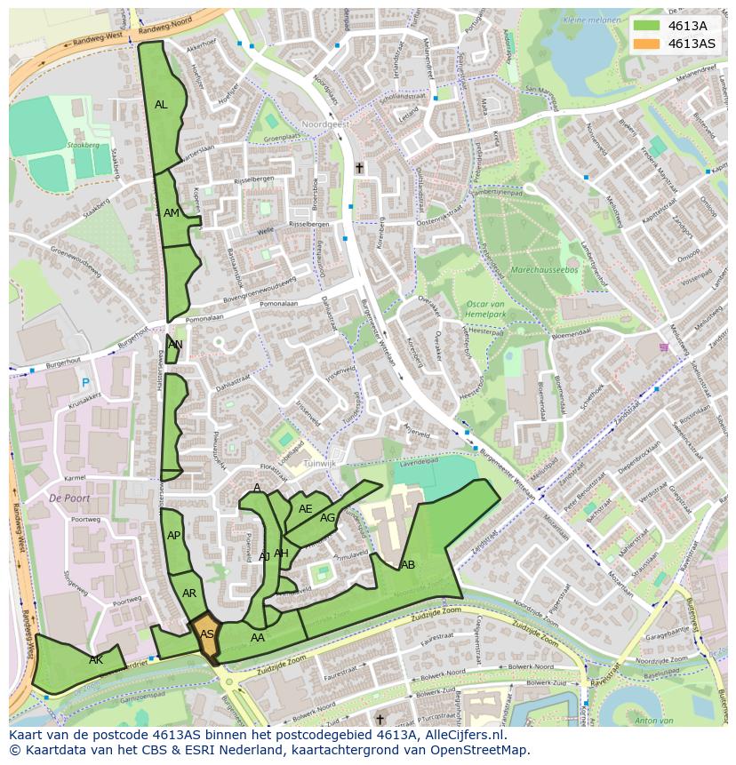 Afbeelding van het postcodegebied 4613 AS op de kaart.