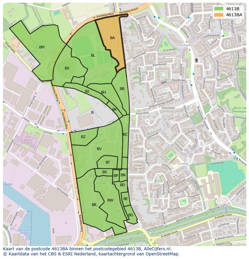 Afbeelding van het postcodegebied 4613 BA op de kaart.