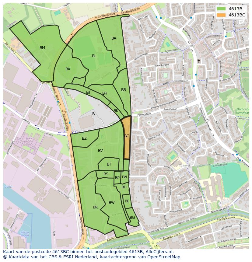 Afbeelding van het postcodegebied 4613 BC op de kaart.