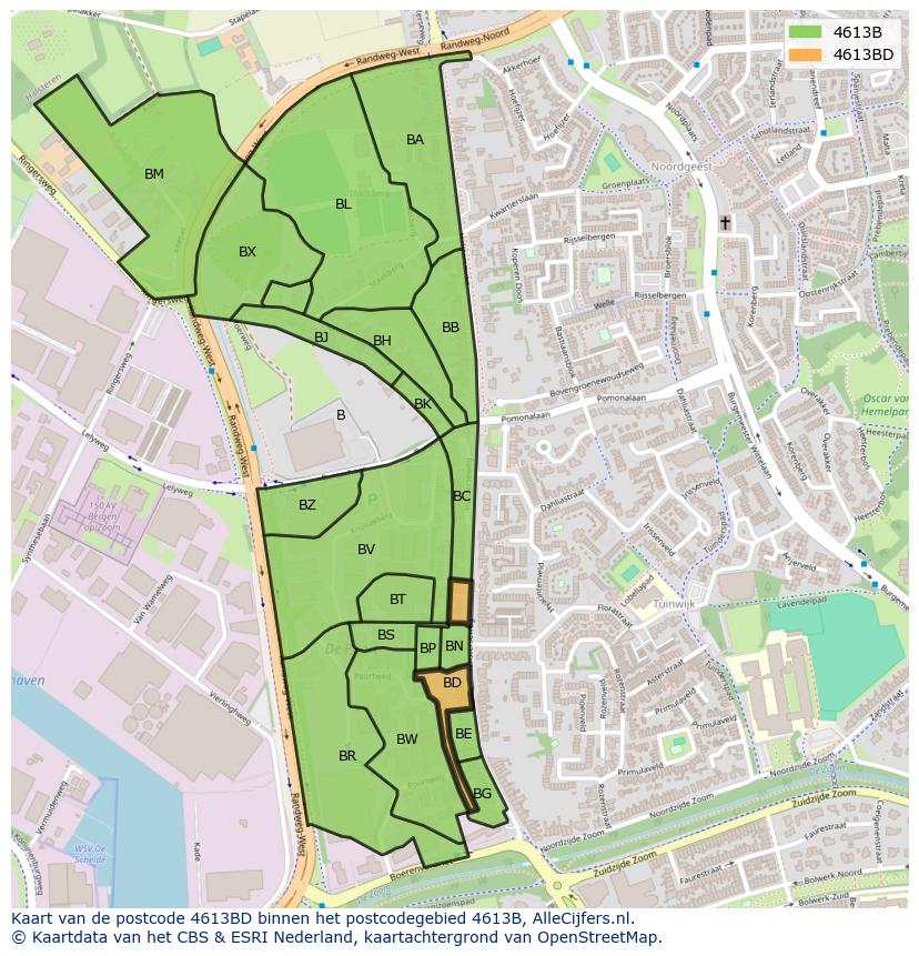 Afbeelding van het postcodegebied 4613 BD op de kaart.