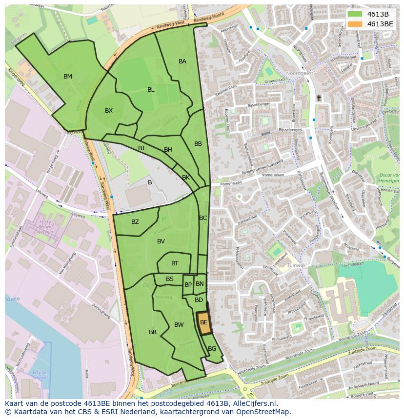 Afbeelding van het postcodegebied 4613 BE op de kaart.