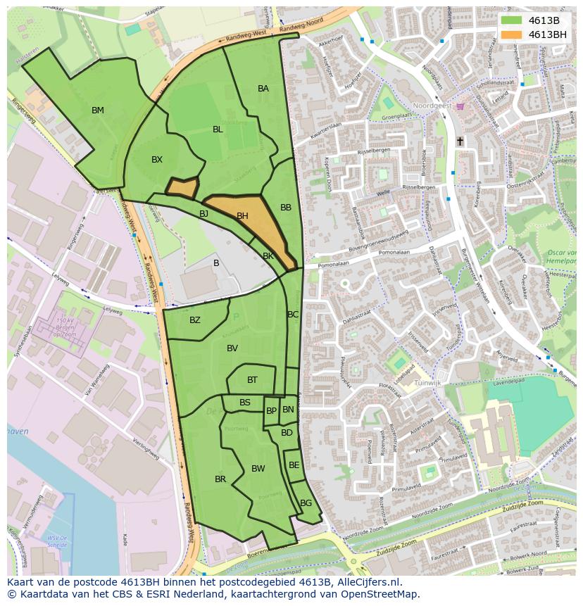 Afbeelding van het postcodegebied 4613 BH op de kaart.