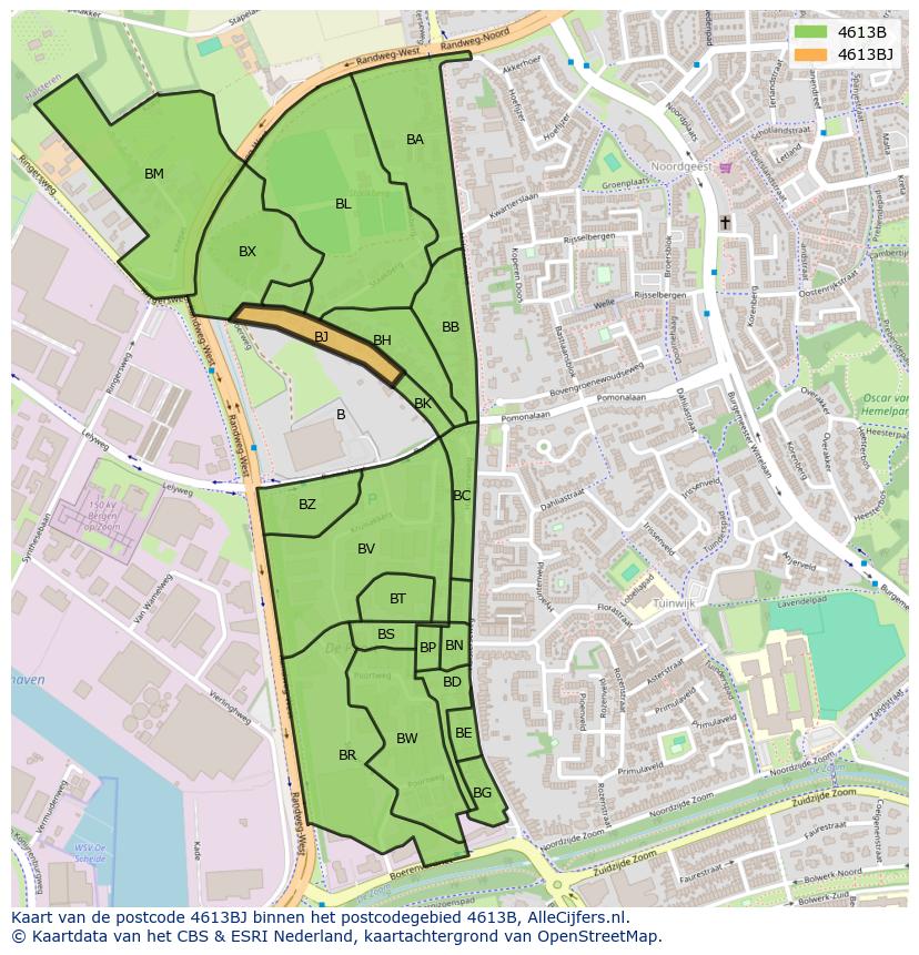 Afbeelding van het postcodegebied 4613 BJ op de kaart.