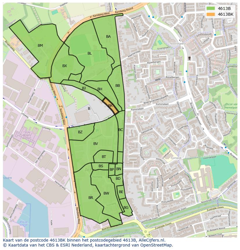 Afbeelding van het postcodegebied 4613 BK op de kaart.