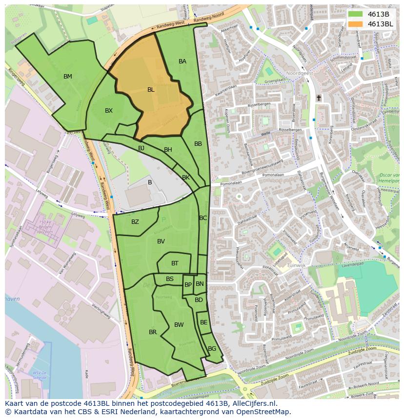 Afbeelding van het postcodegebied 4613 BL op de kaart.