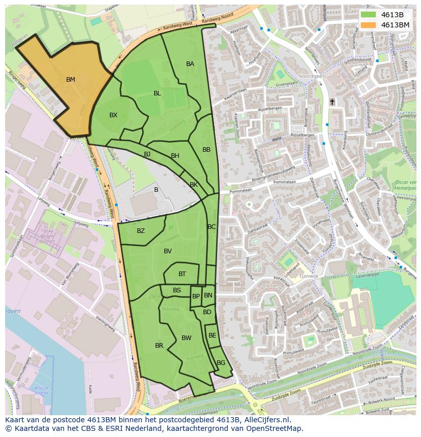 Afbeelding van het postcodegebied 4613 BM op de kaart.