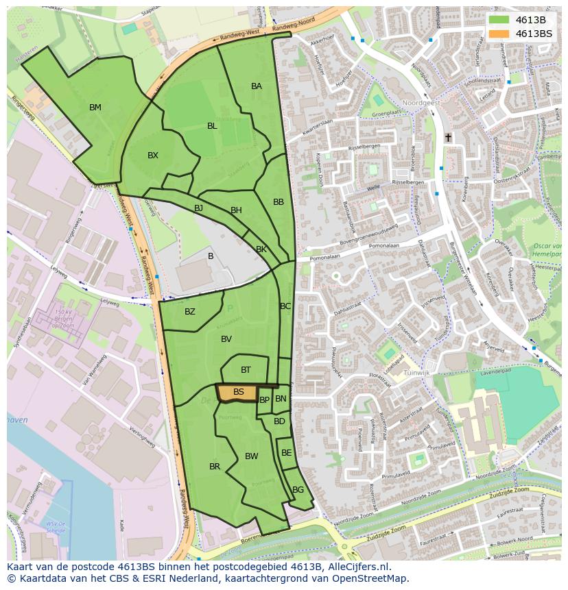Afbeelding van het postcodegebied 4613 BS op de kaart.