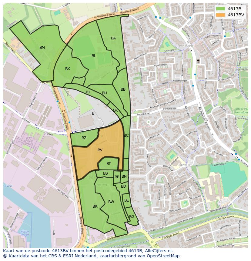Afbeelding van het postcodegebied 4613 BV op de kaart.