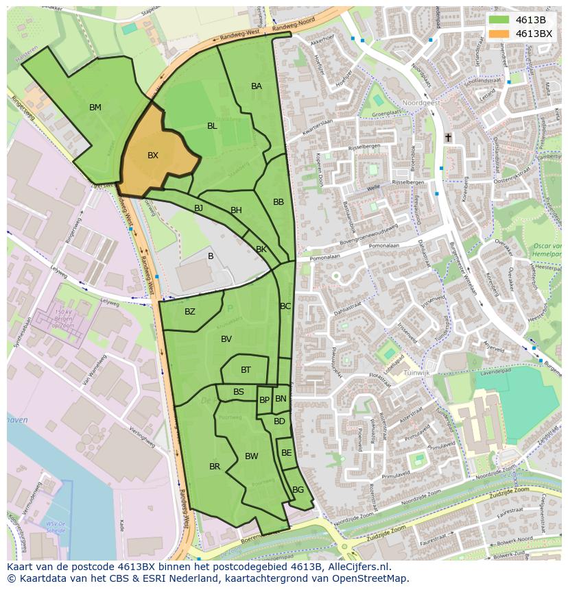 Afbeelding van het postcodegebied 4613 BX op de kaart.