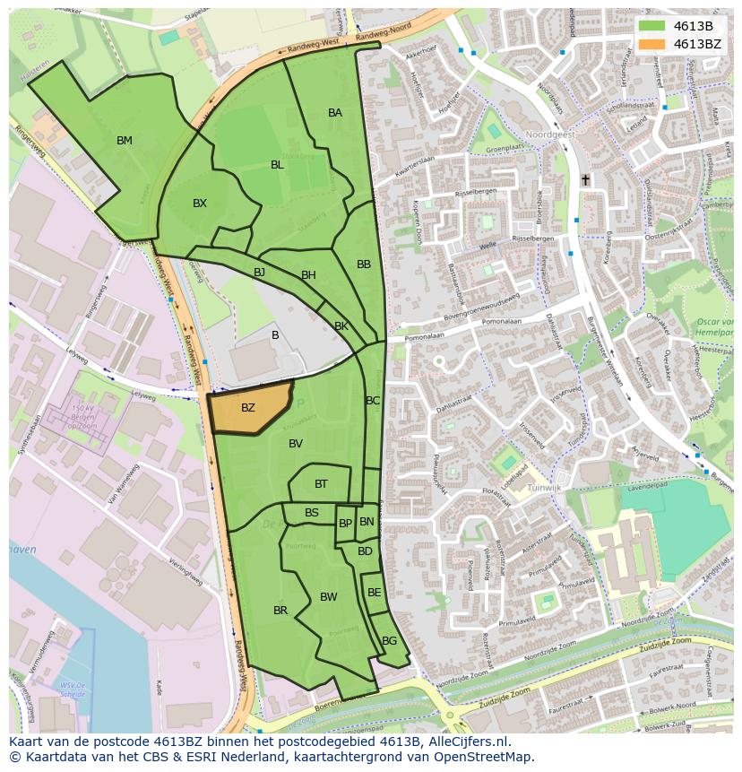 Afbeelding van het postcodegebied 4613 BZ op de kaart.