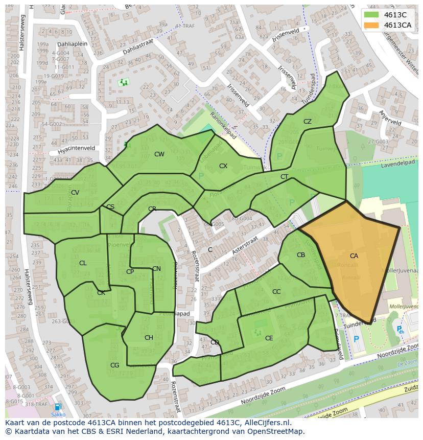 Afbeelding van het postcodegebied 4613 CA op de kaart.