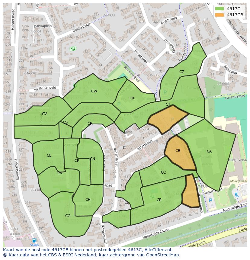 Afbeelding van het postcodegebied 4613 CB op de kaart.
