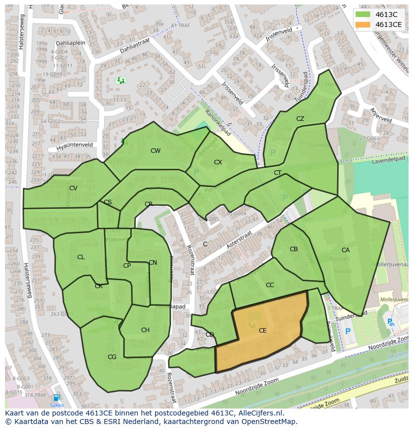 Afbeelding van het postcodegebied 4613 CE op de kaart.
