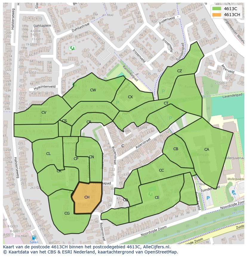 Afbeelding van het postcodegebied 4613 CH op de kaart.