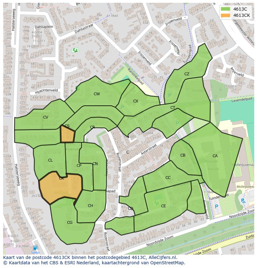 Afbeelding van het postcodegebied 4613 CK op de kaart.
