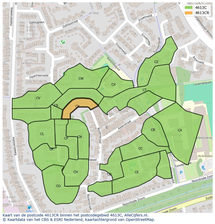 Afbeelding van het postcodegebied 4613 CR op de kaart.