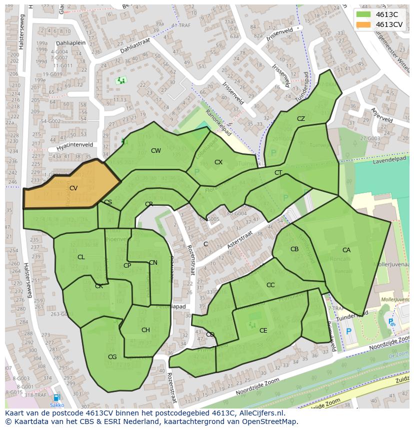 Afbeelding van het postcodegebied 4613 CV op de kaart.