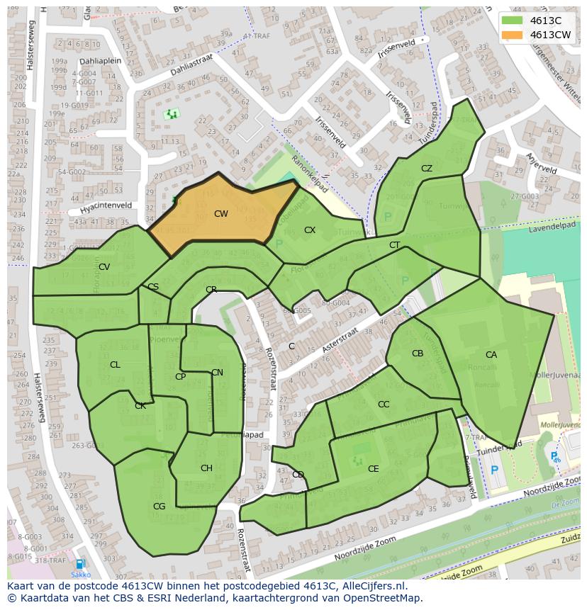 Afbeelding van het postcodegebied 4613 CW op de kaart.