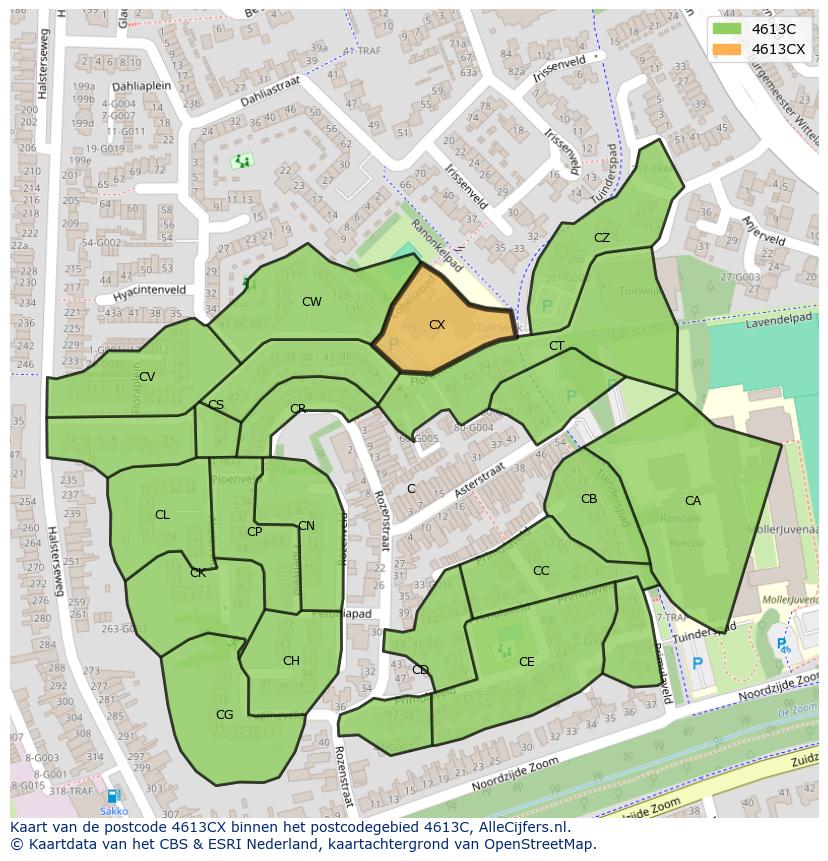 Afbeelding van het postcodegebied 4613 CX op de kaart.