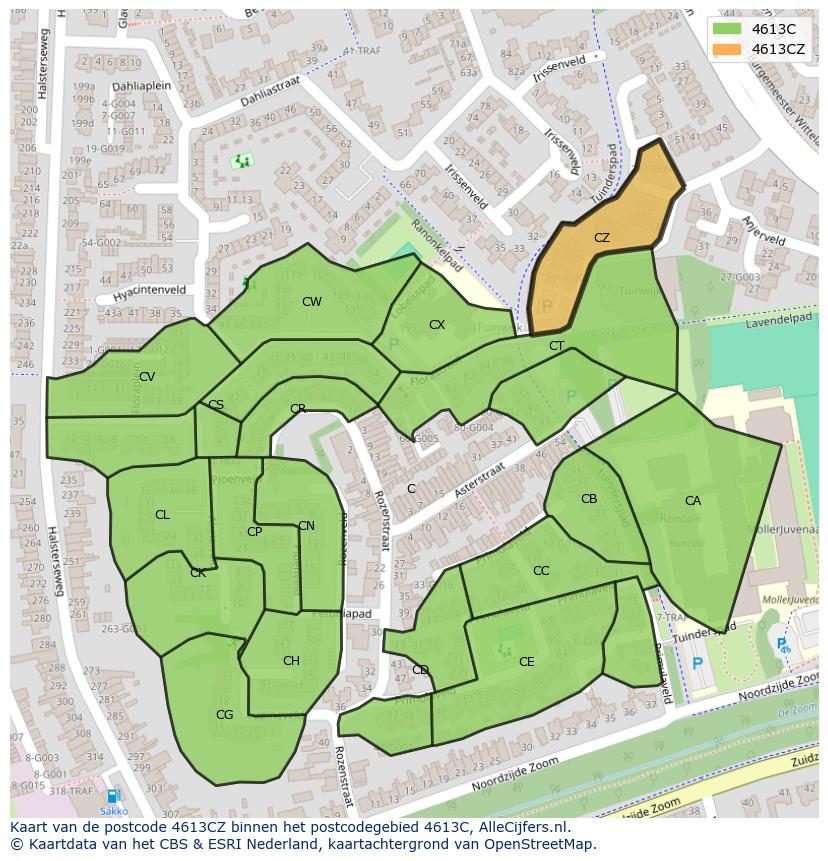 Afbeelding van het postcodegebied 4613 CZ op de kaart.