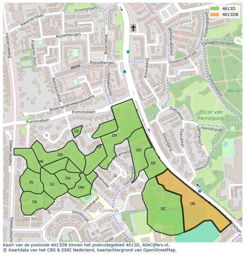 Afbeelding van het postcodegebied 4613 DB op de kaart.