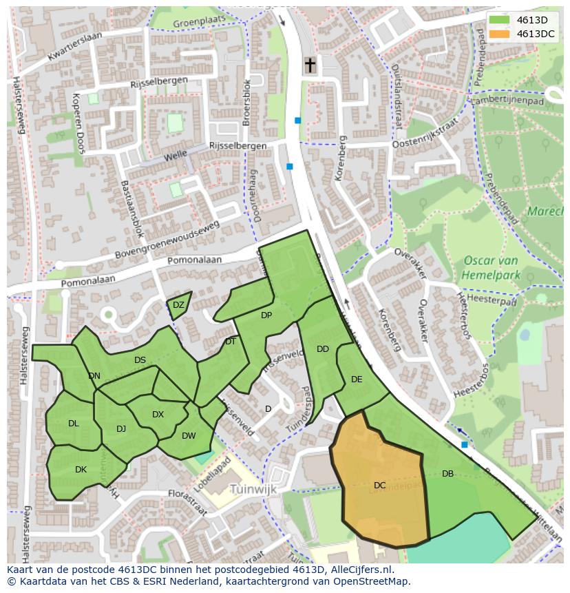 Afbeelding van het postcodegebied 4613 DC op de kaart.